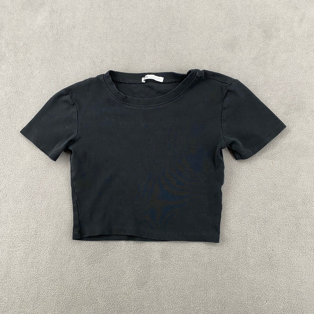 Zara Womens Black Short Sleeve Crew Neck Crop Top Basic Tee Size S 5217